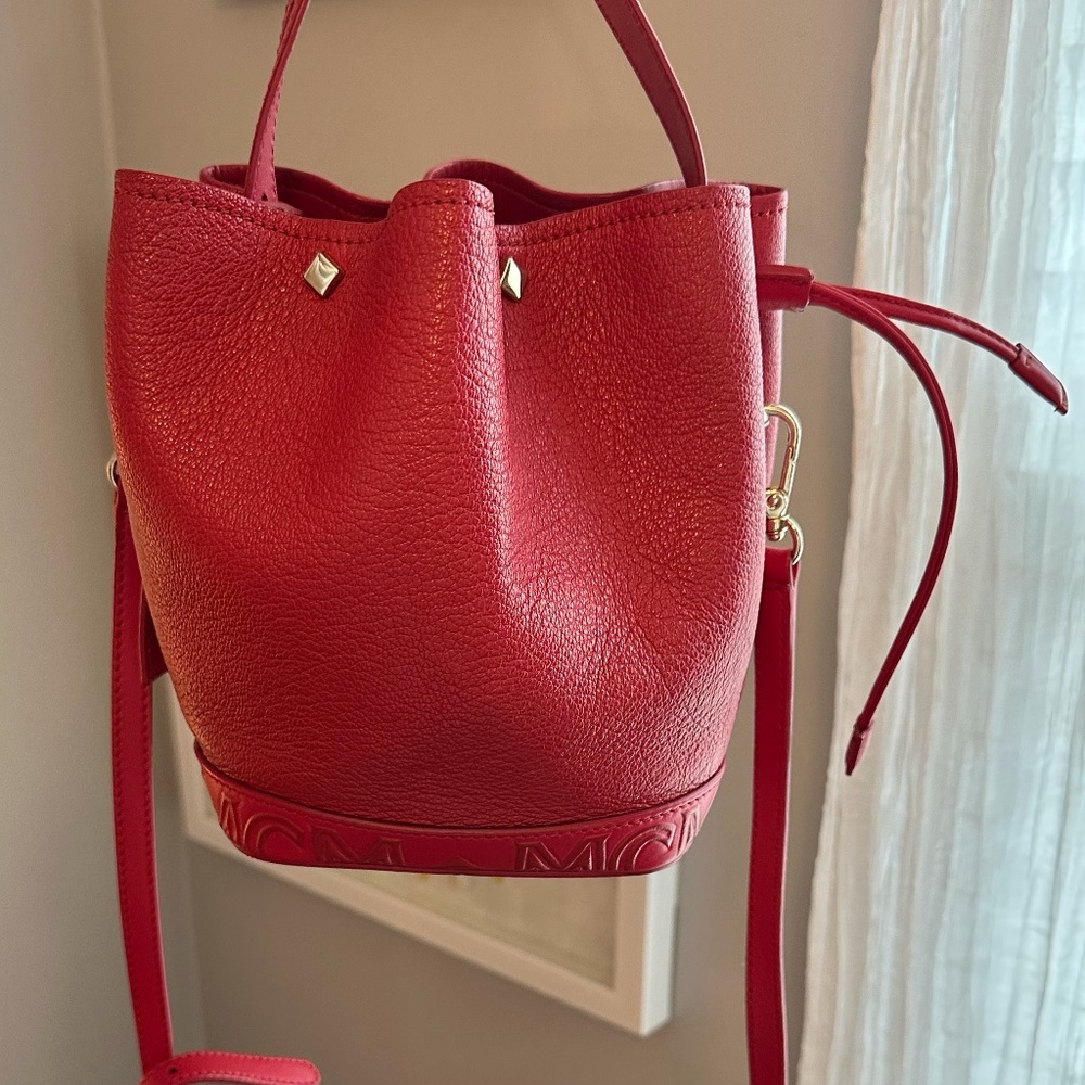 MCM Red Leather Bucket Bag